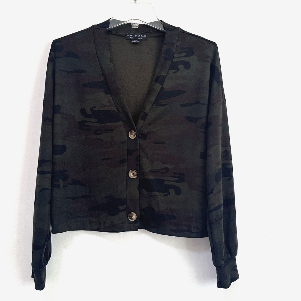 Social Standard Sanctuary Cardigan S Green Camo V Neck Long Sleeve Knit Casual